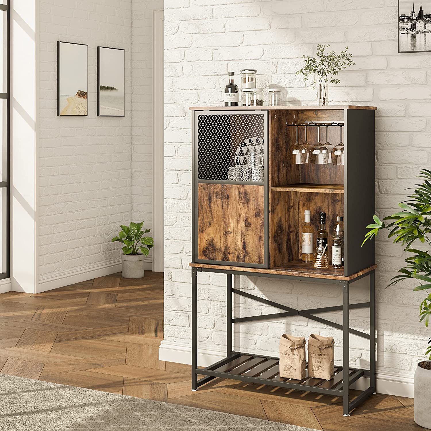 Bar Cabinet: Storage Cabinet with Sliding Door and Open Shelf 