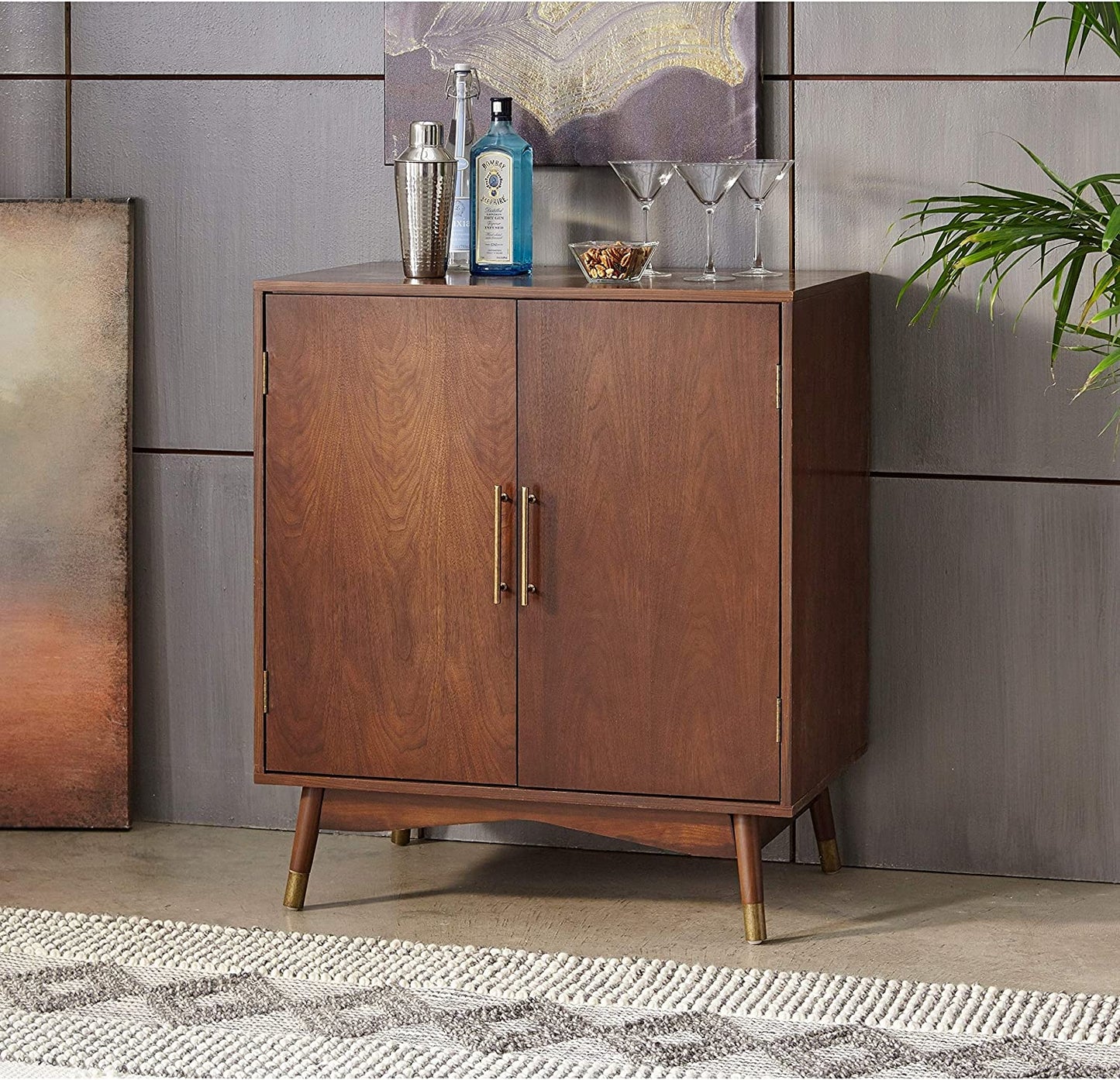 Bar Cabinet: Transitional MDF Veneer Walnut Finish Bar Cabinet 