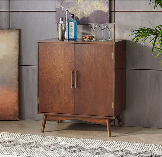 Bar Cabinet: Transitional MDF Veneer Walnut Finish Bar Cabinet 