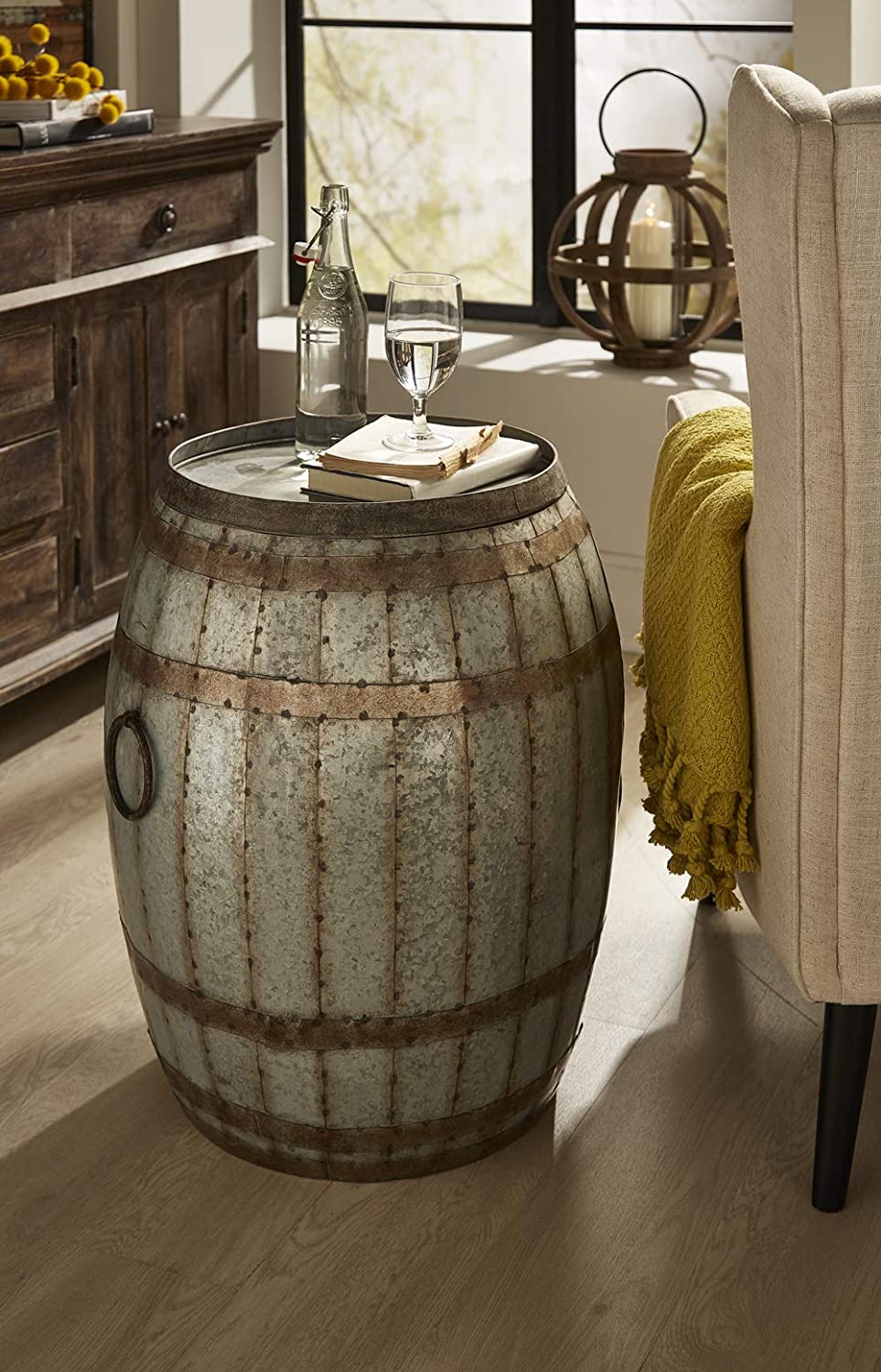 Bar Cabinet: Vintage Inspired Iron Barrel, Rustic Metal Accent Table