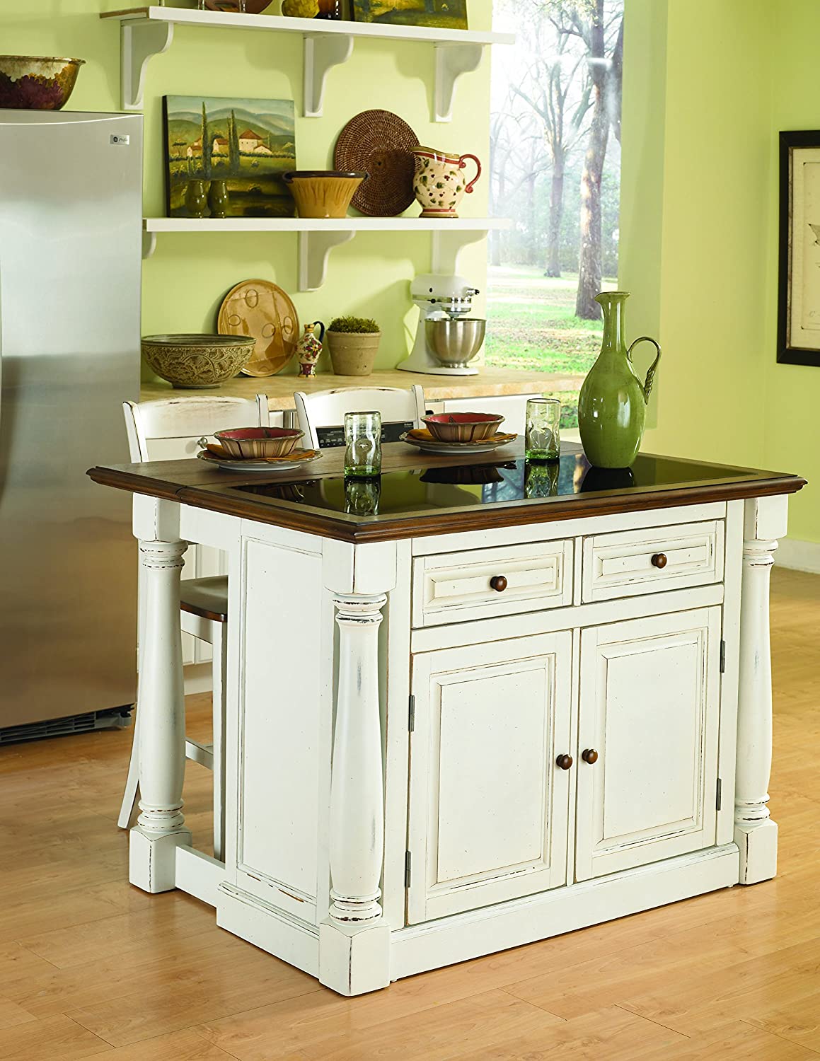 Bar Cabinet: White with Granite Top, Breakfast Bar, Two Drawers, and Four Adjustable Shelves 