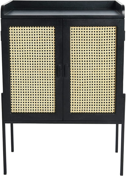 Bar Cabinet: Wood Natural Woven Cane Details Bar Cabinet, Black Finish