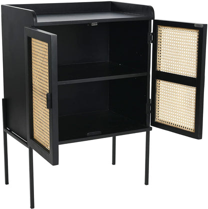 Bar Cabinet: Wood Natural Woven Cane Details Bar Cabinet, Black Finish