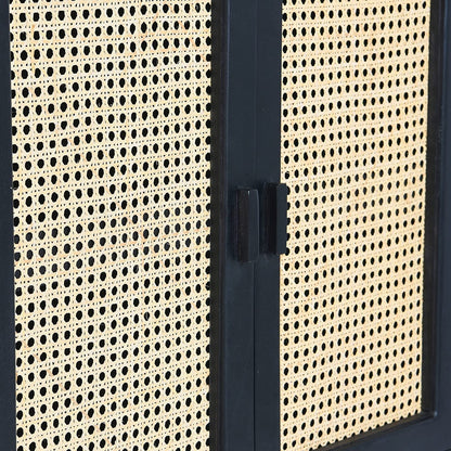 Bar Cabinet: Wood Natural Woven Cane Details Bar Cabinet, Black Finish
