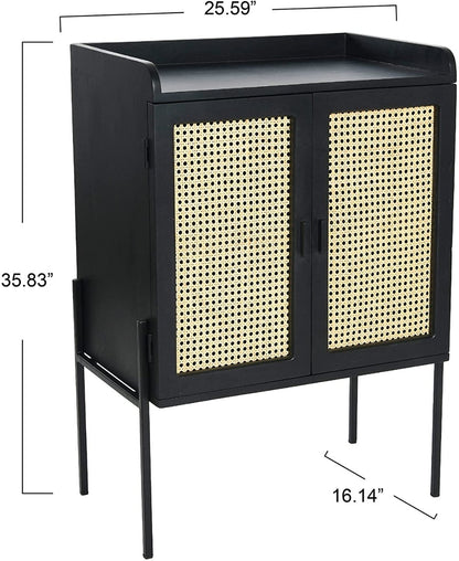 Bar Cabinet: Wood Natural Woven Cane Details Bar Cabinet, Black Finish