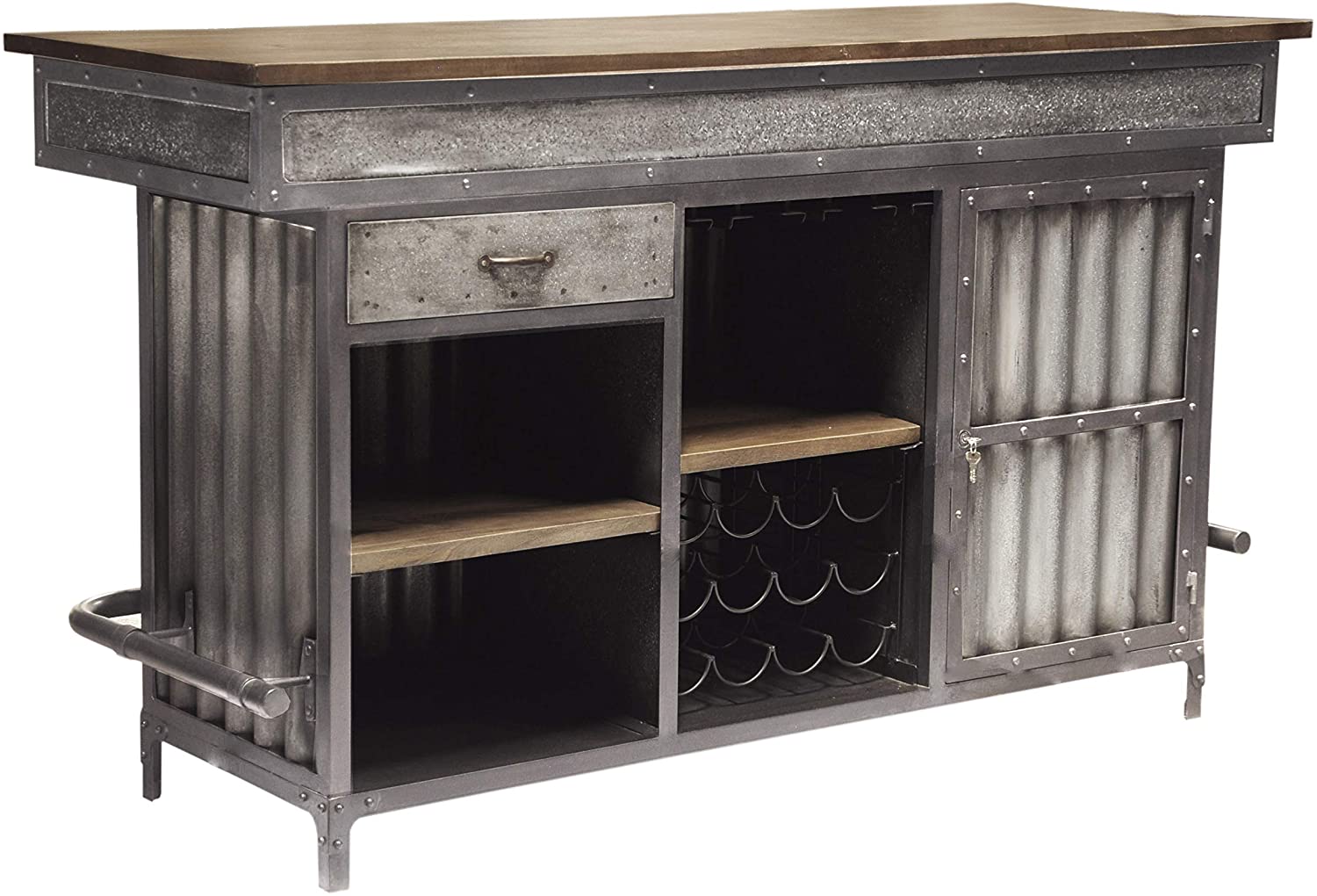 Bar Cabinet: Wood and Metal Home Bar, Silver 