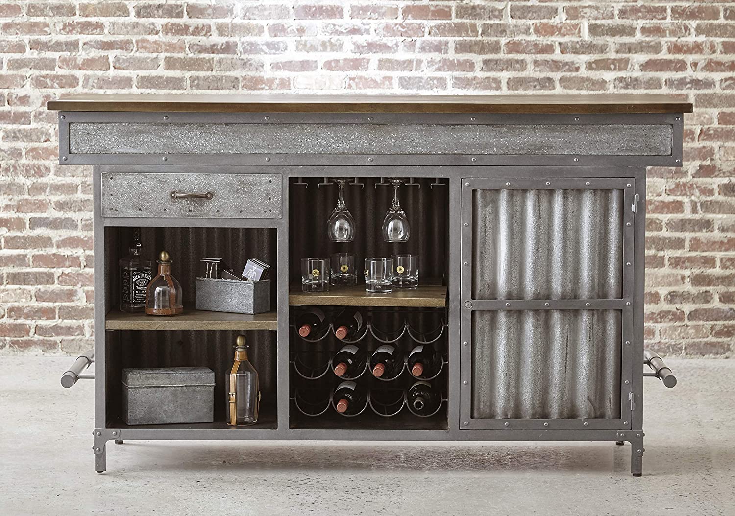 Bar Cabinet: Wood and Metal Home Bar, Silver 