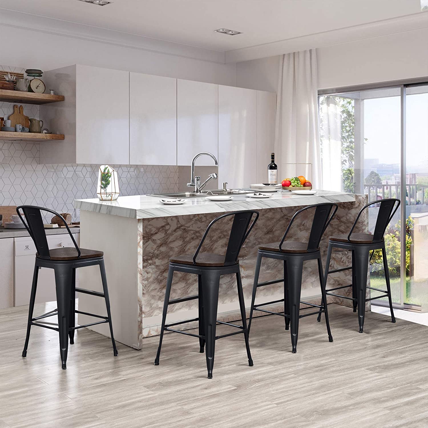 Bar Stool: Back Wooden Seat 24" Matte Black 