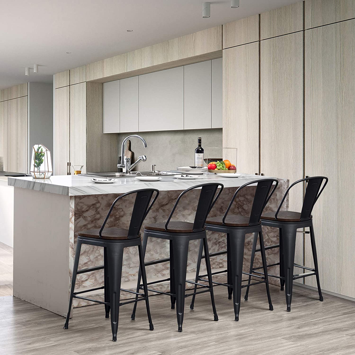 Bar Stool: Back Wooden Seat 24" Matte Black 
