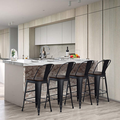 Bar Stool: Back Wooden Seat 24" Matte Black 