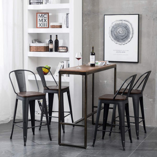 Bar Stool: Back Wooden Seat 24" Matte Black 