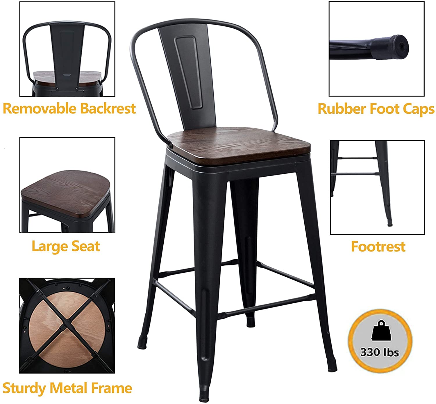 Bar Stool: Back Wooden Seat 24" Matte Black 