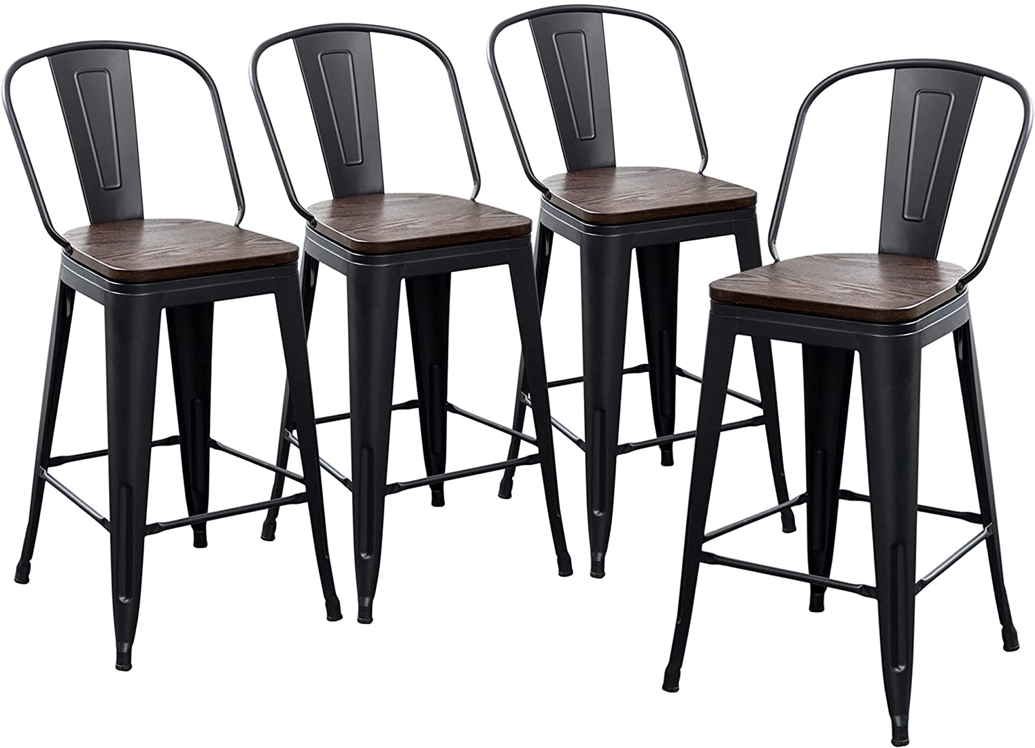 Bar Stool: Back Wooden Seat 24" Matte Black 