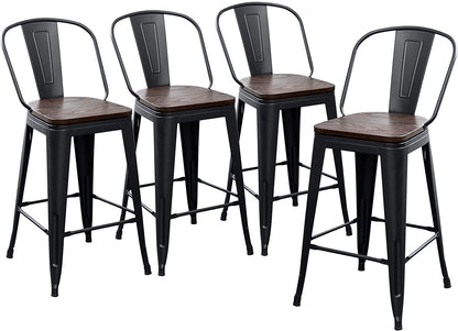 Bar Stool: Back Wooden Seat 24" Matte Black 