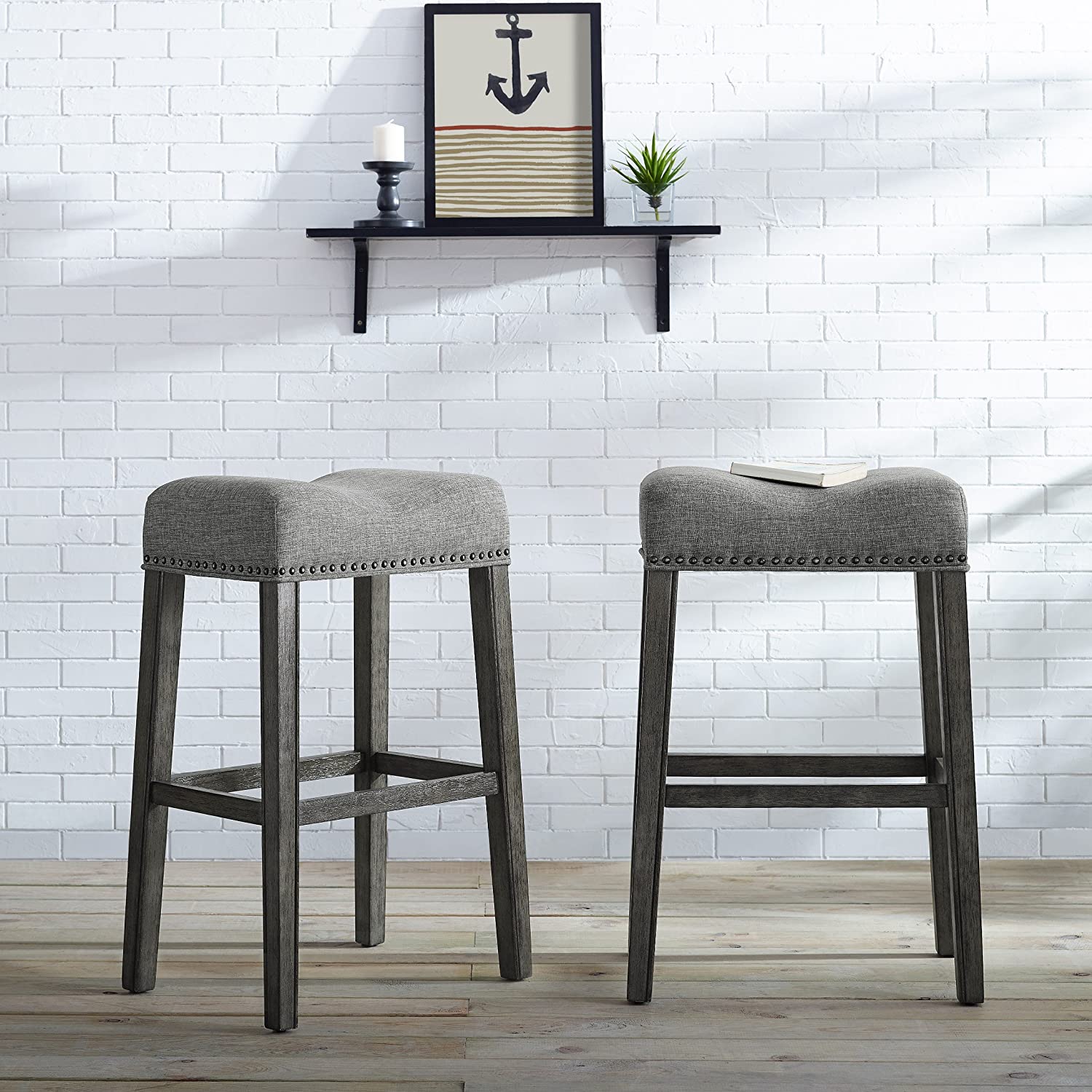 Bar Stool Backless Saddle Seat Bar Stools 29 Height Set of 2, Grey