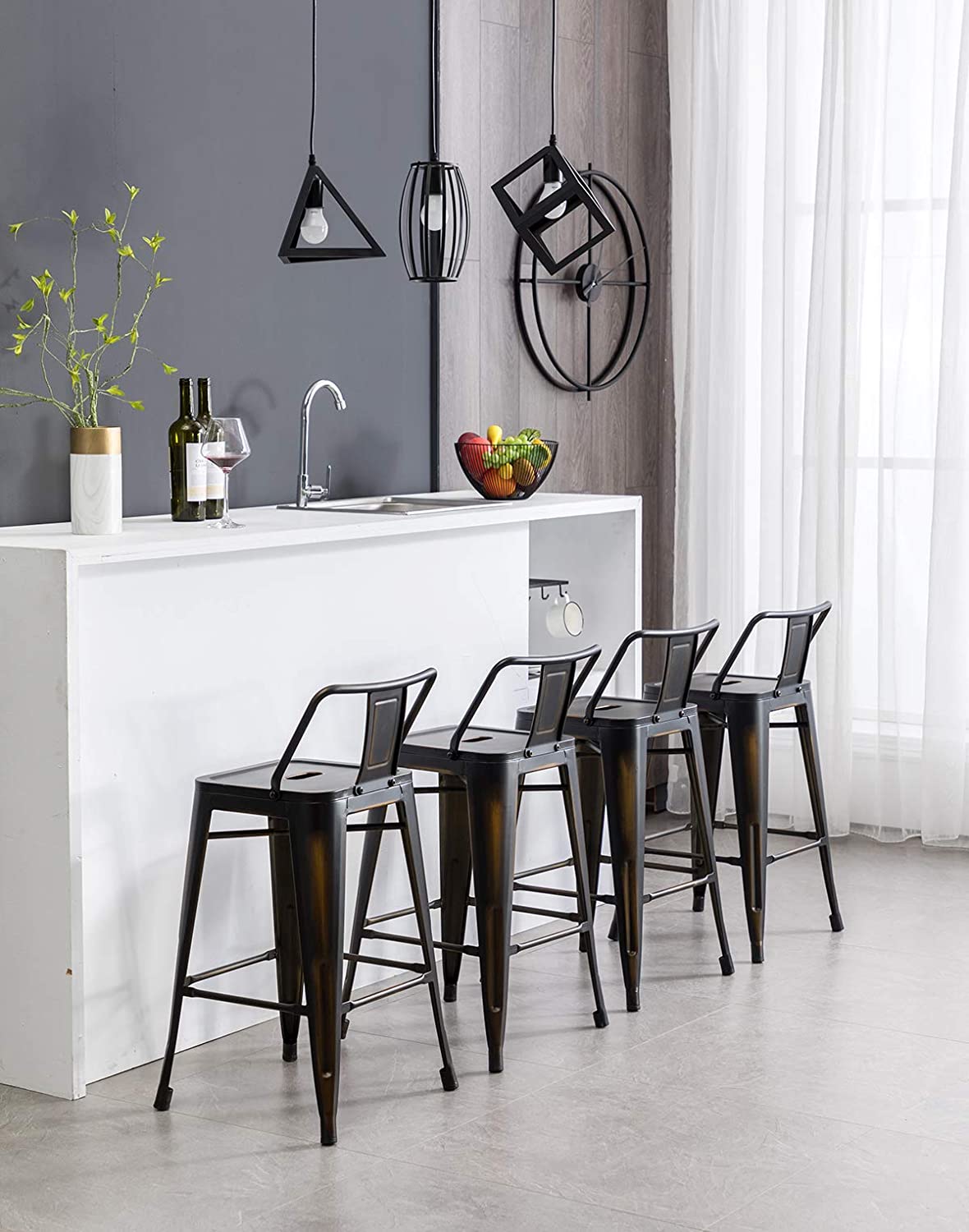 Bar Stool Wooden Seat [Set of 4] Counter Height Bar Stools, Matte Black