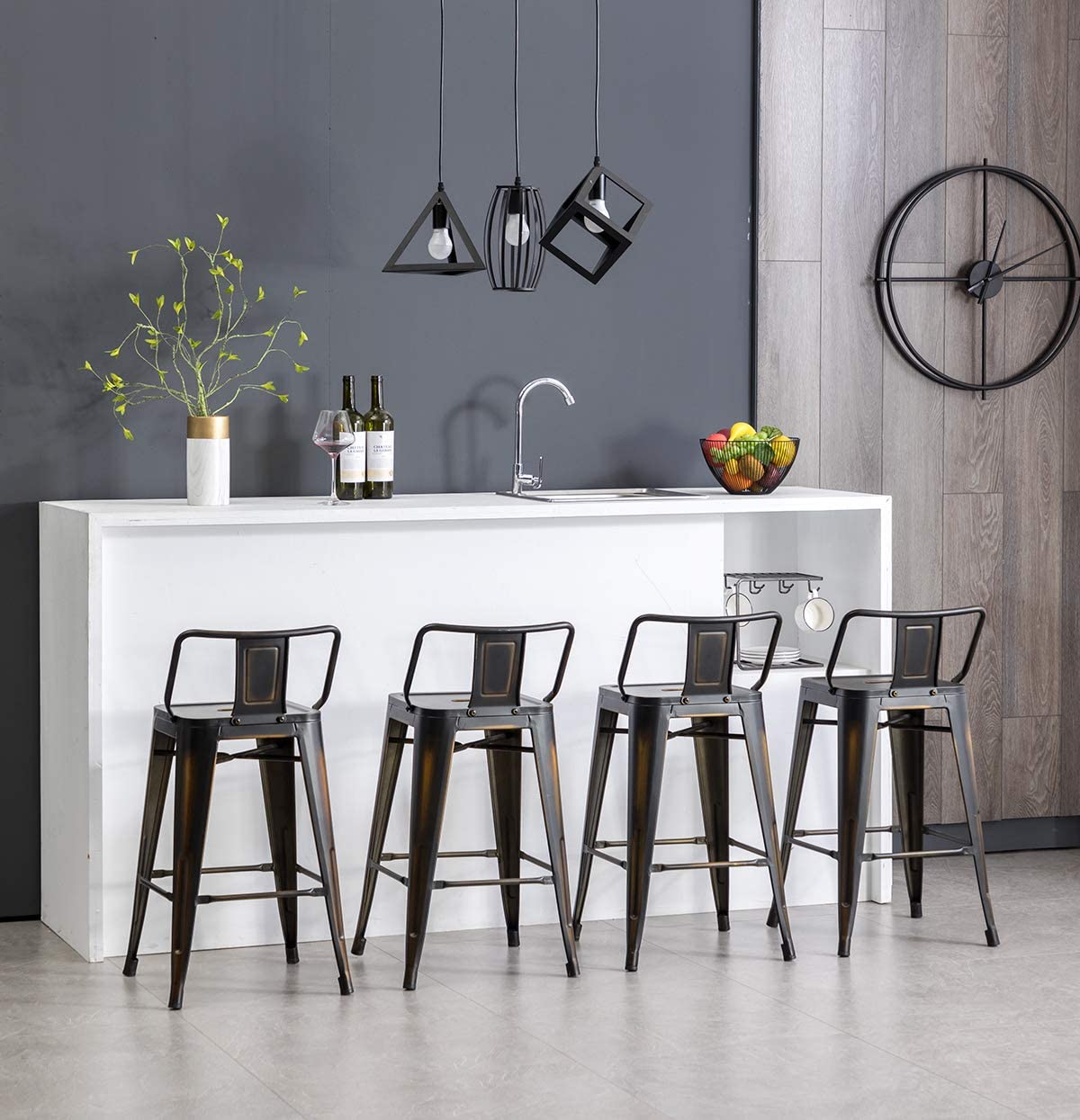 Bar Stool Wooden Seat [Set of 4] Counter Height Bar Stools, Matte Black
