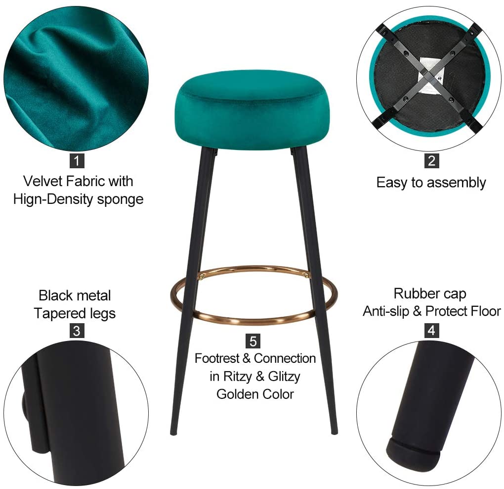 Bar Stool: Round Dining Chair Height for Coffee Shop, Bar, Home Balcony(2pcs, Atrovirens)