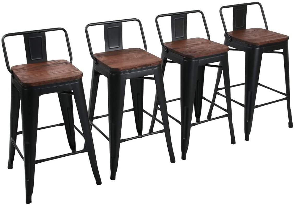 Bar Stool: Set of 4 Counter Bar Stools with Wood Top Low Back Matte Black