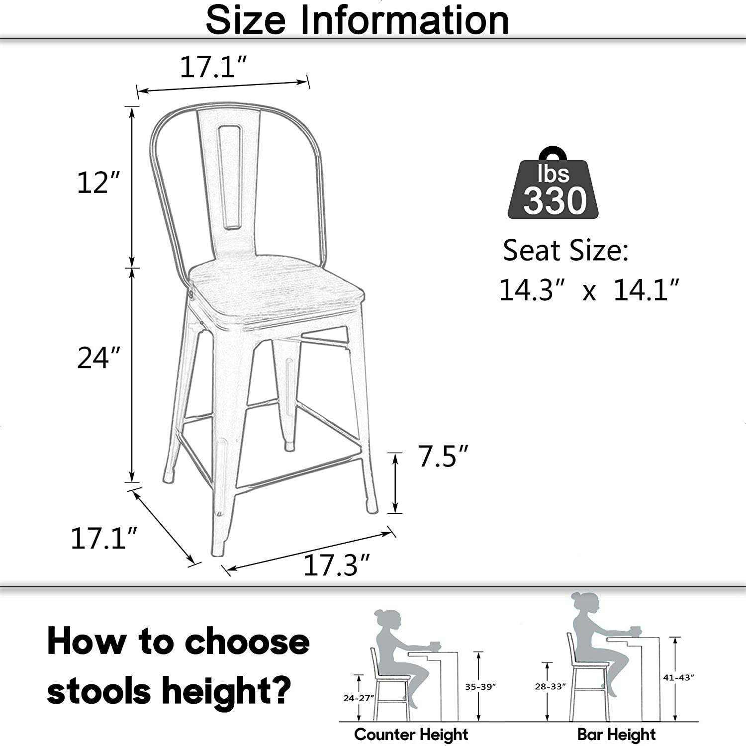 Bar Stools: High Back Bar Chairs 24 Inch Matte Black