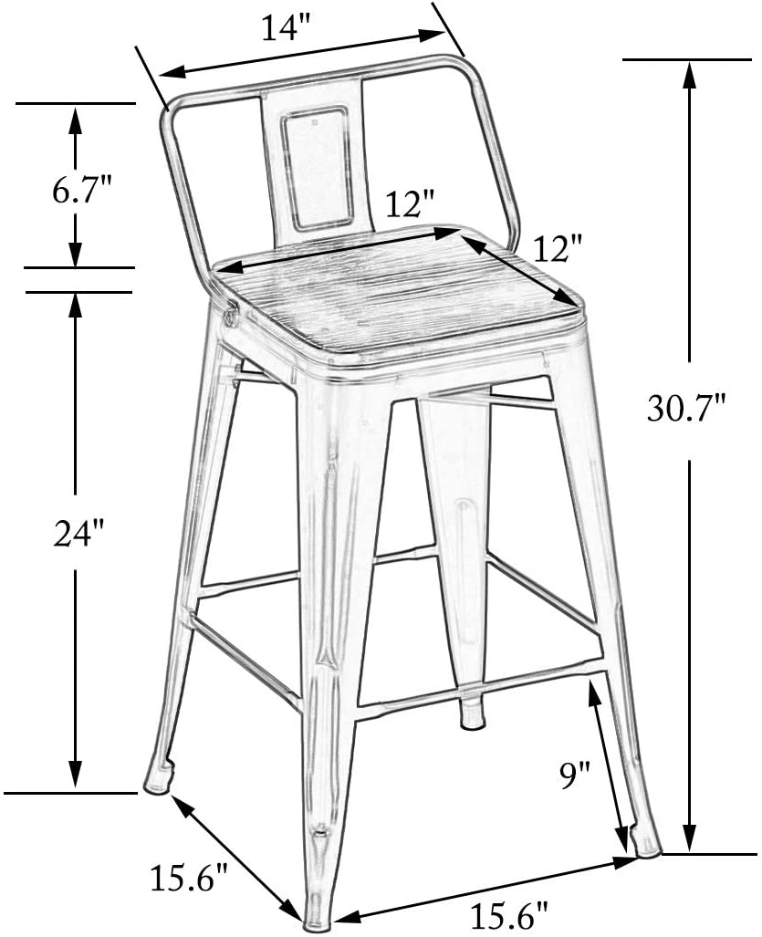 Bar Stools: Metal Barstools Counter Height Stools with Wooden Seat [Set of 4]