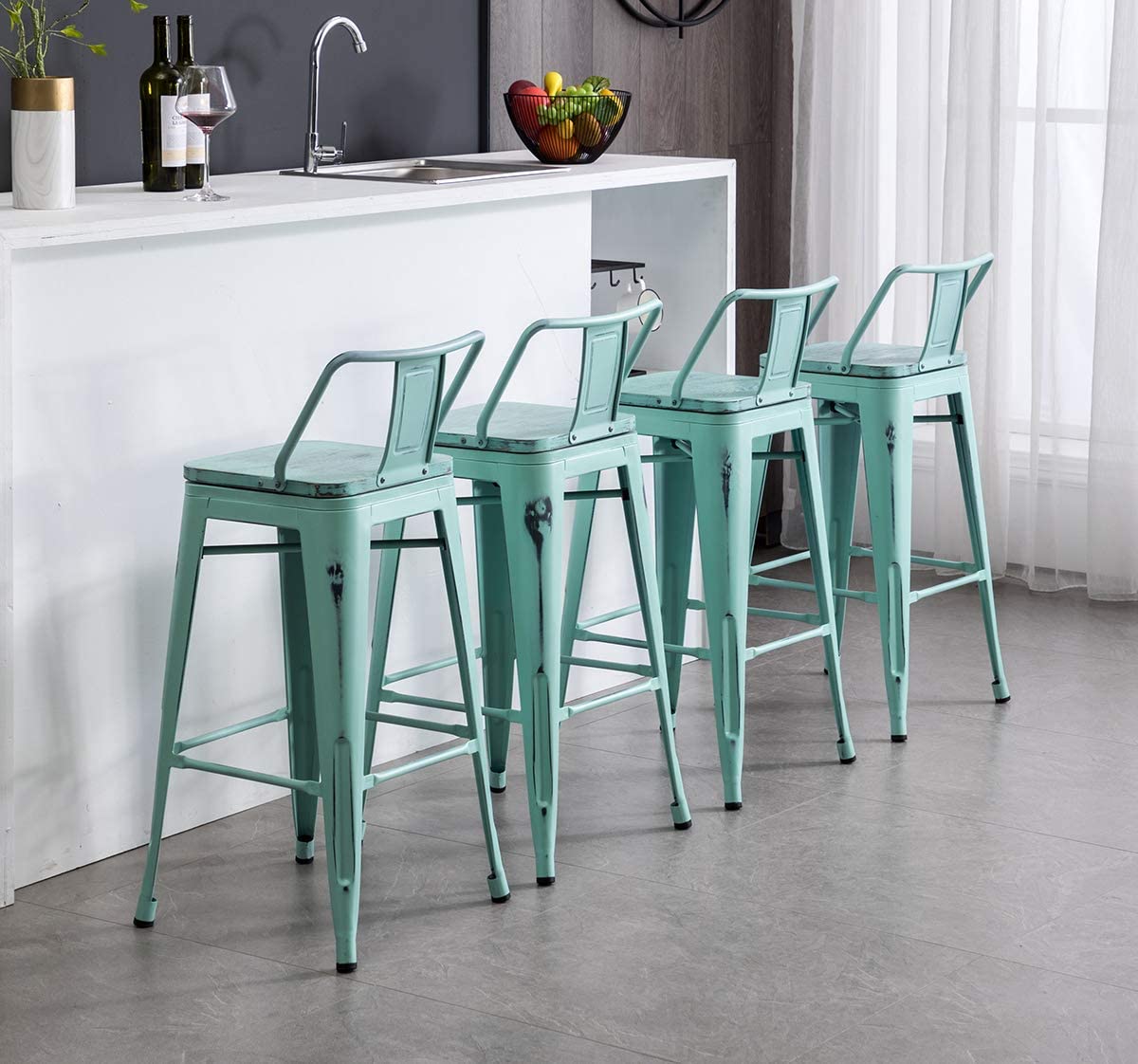Bar Stools: Metal Barstools Counter Height Stools with Wooden Seat [Set of 4]
