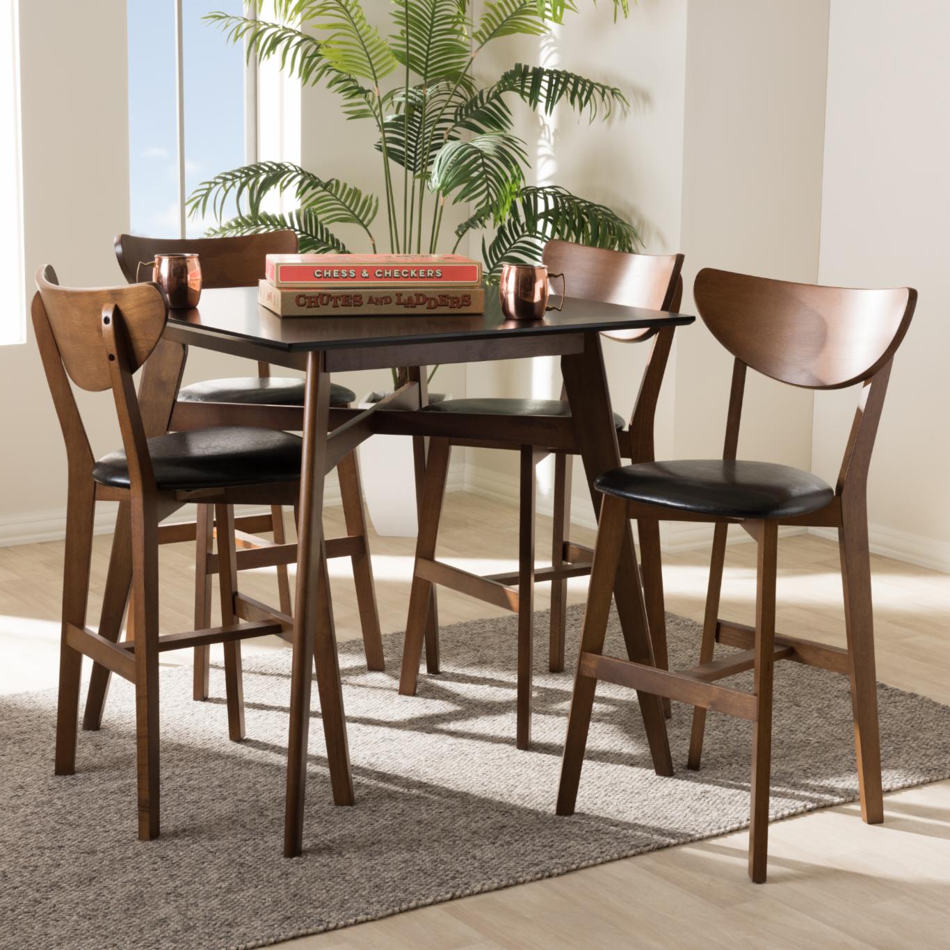 Bar Table Set: Modern Faux Leatherette Upholstered 5 Piece Pub Set