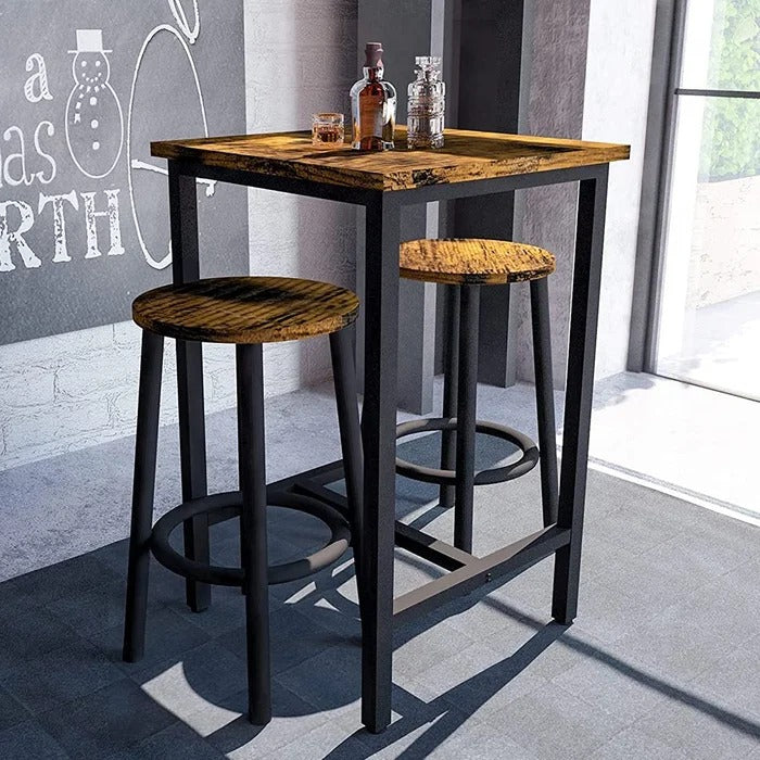 Bar Table Set: Square Rustic Brown Bar Table Set