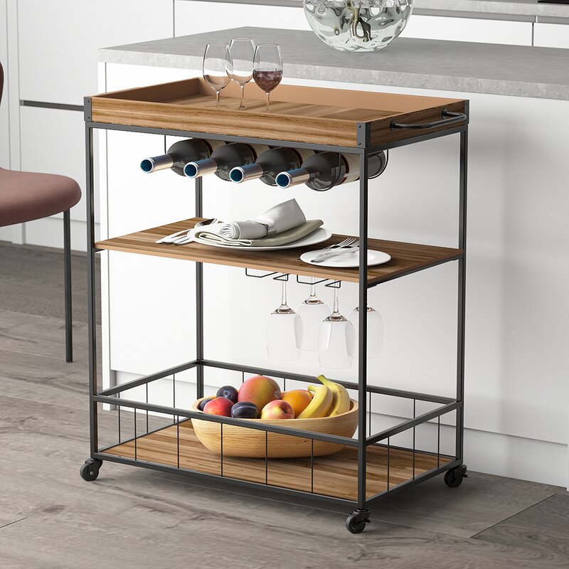 Bar Trolley : Modern 3 Shelves Wooden Bar Trolley
