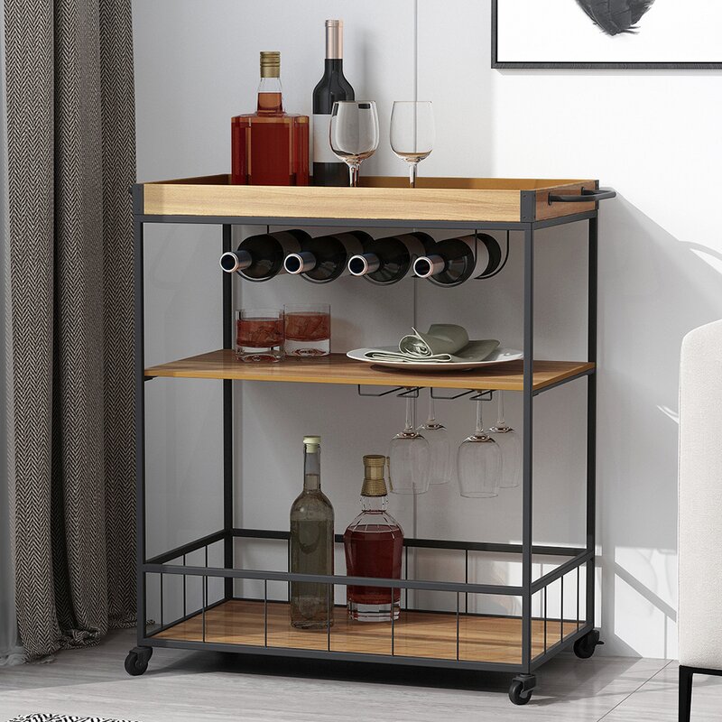 Bar Trolley : Modern 3 Shelves Wooden Bar Trolley