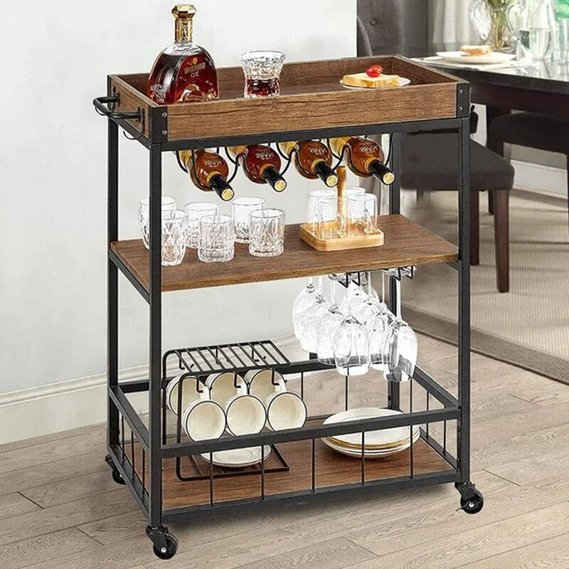 Bar Trolley : Modern 3 Shelves Wooden Bar Trolley