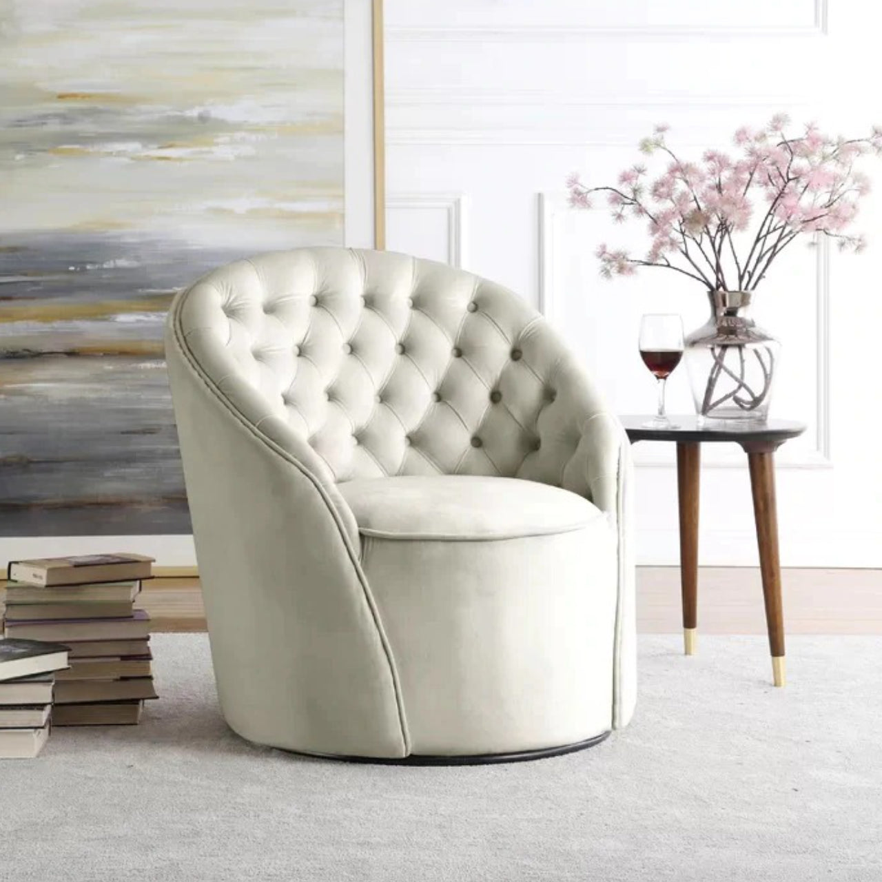 Barrel Chair 30'' Wide Tufted Velvet Swivel Barrel Chair