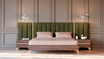 Bedroom Set Modern Walnut & Green Velvet Bedroom Set