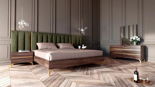 Bedroom Set Modern Walnut & Green Velvet Bedroom Set