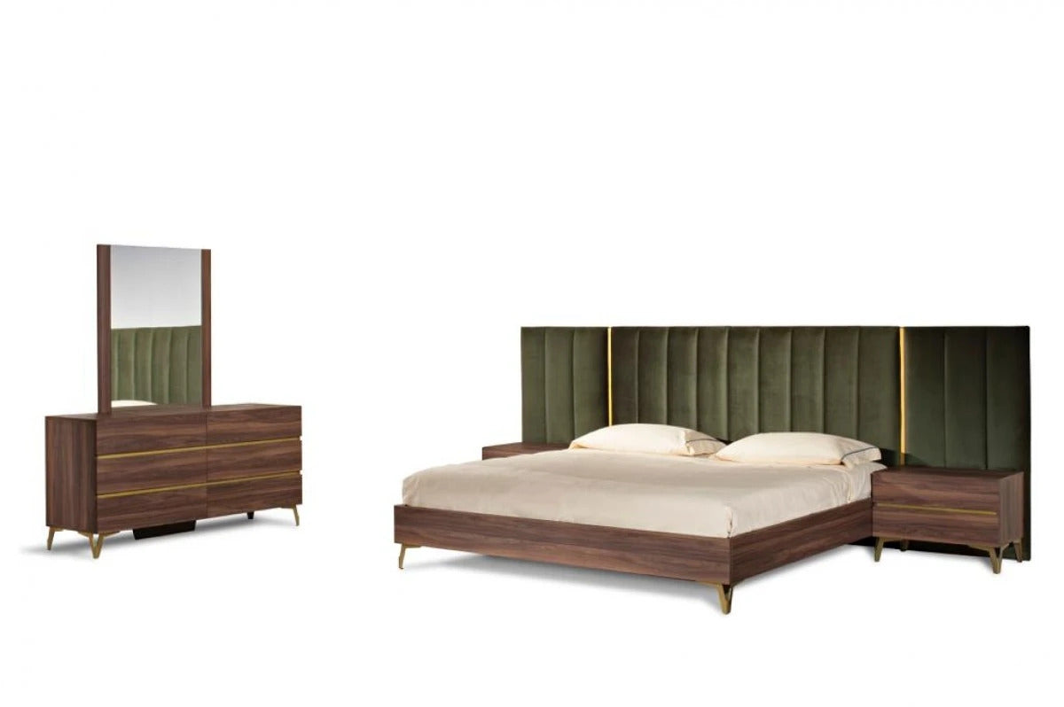 Bedroom Set Modern Walnut & Green Velvet Bedroom Set