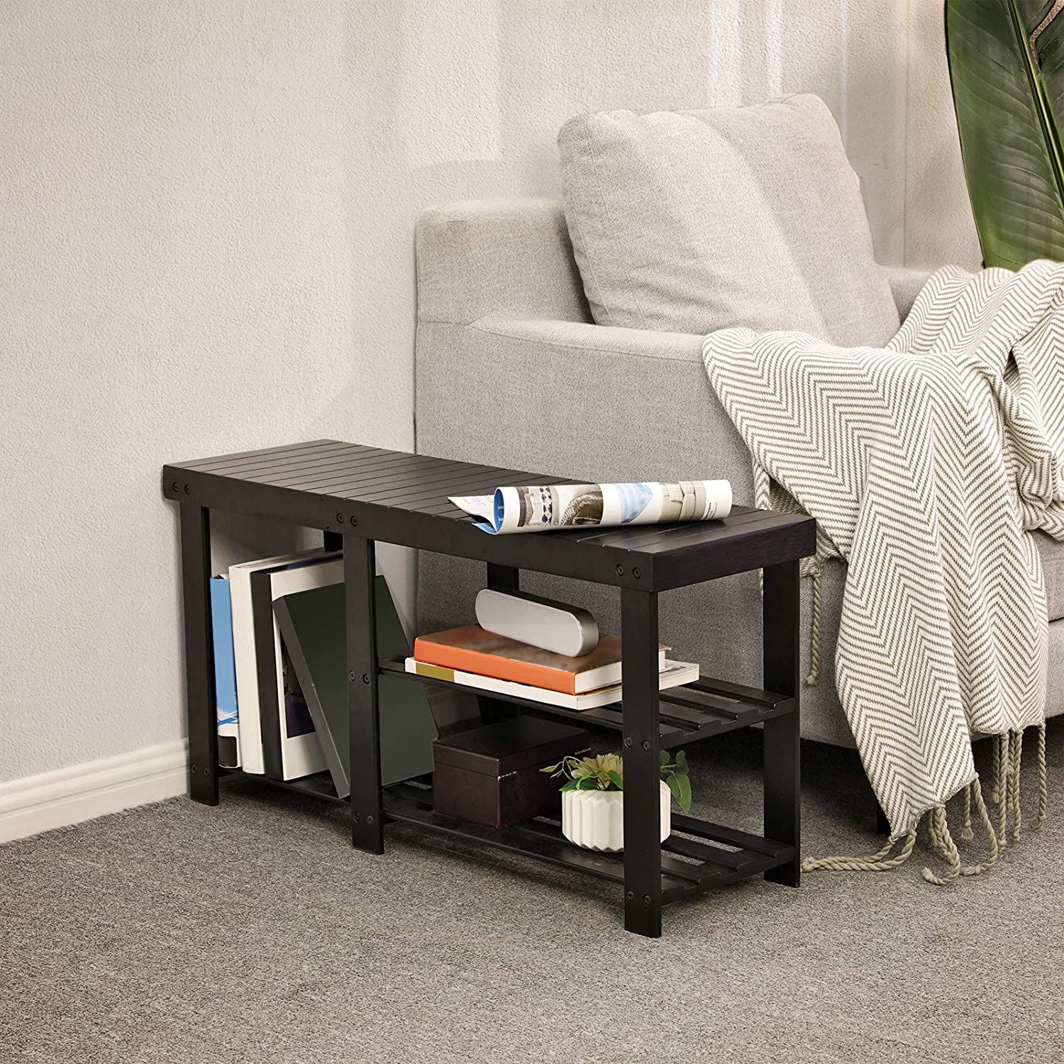 Benches : Bamboo Shoe Rack Bench & Storage Organizer, 3 Tiers Shoe Shelf
