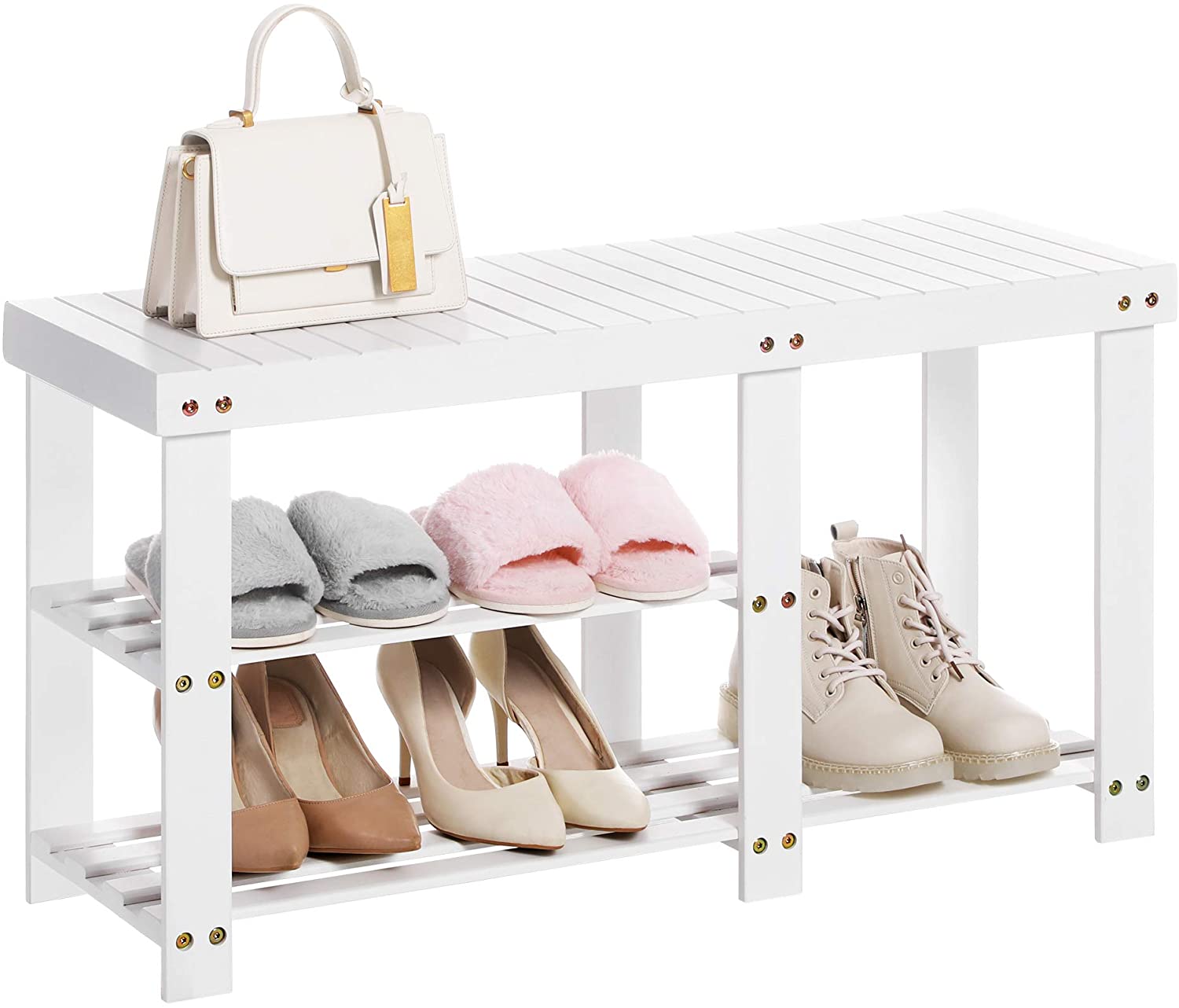 Benches : Bamboo Shoe Rack Bench & Storage Organizer, 3 Tiers Shoe Shelf