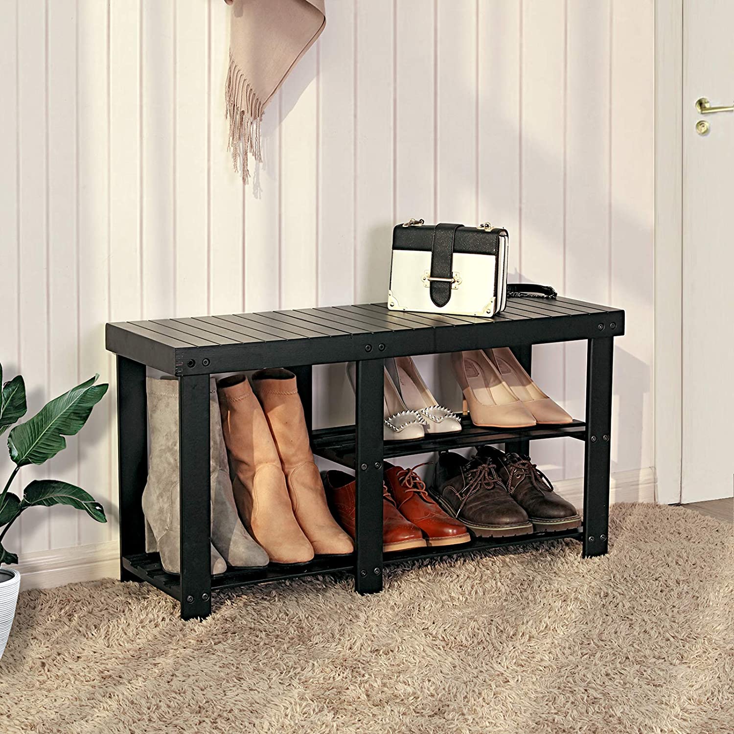 Benches : Bamboo Shoe Rack Bench & Storage Organizer, 3 Tiers Shoe Shelf