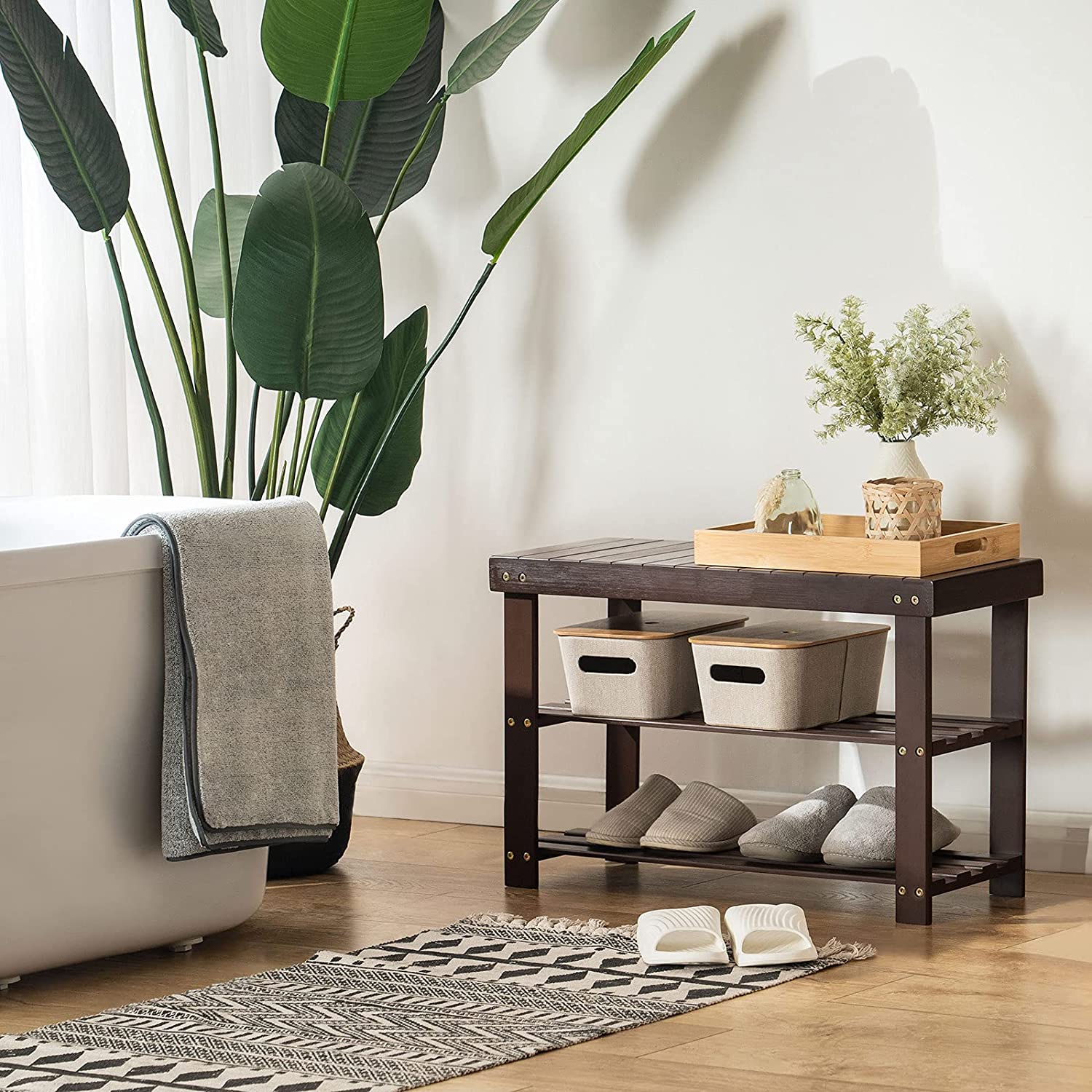 Benches: Entryway Storage Premium Shoe Organizer or Entryway Bench Dark Brown 