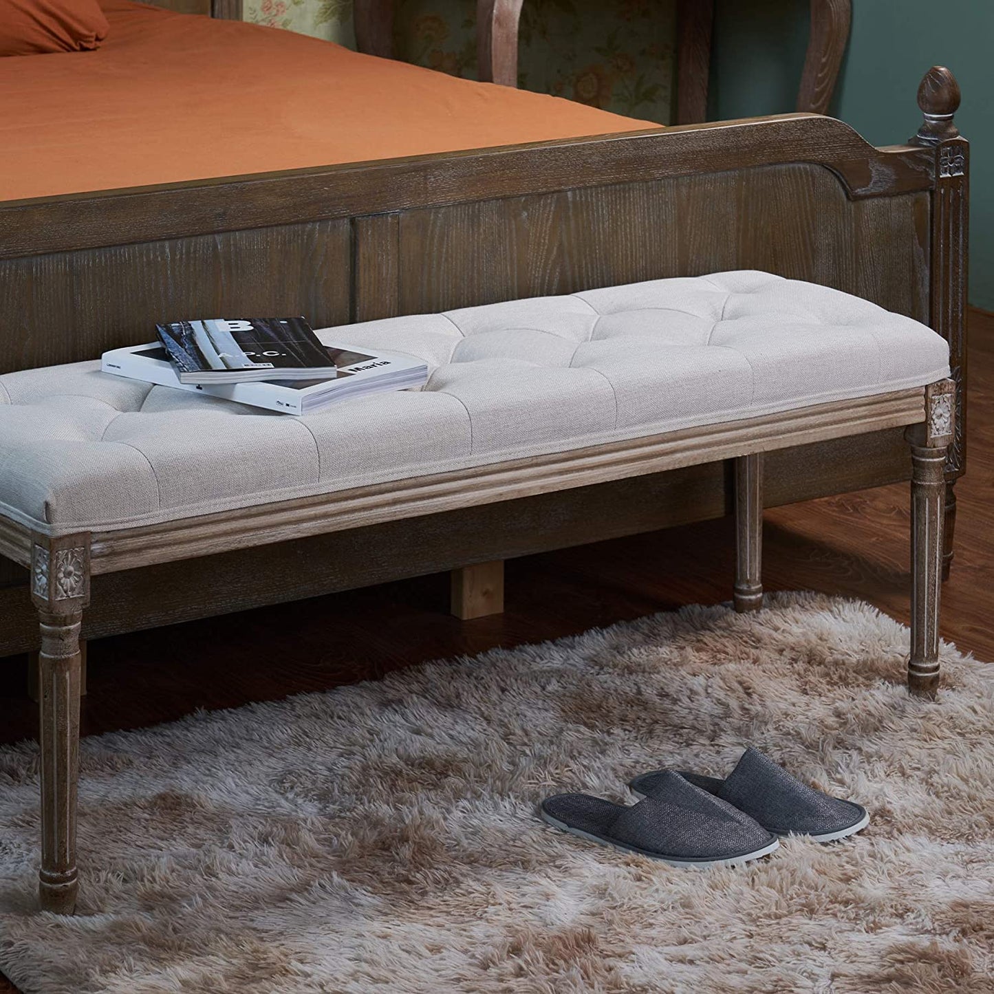 Benches : Extra-Long French Vintage Bench with Padded Seat