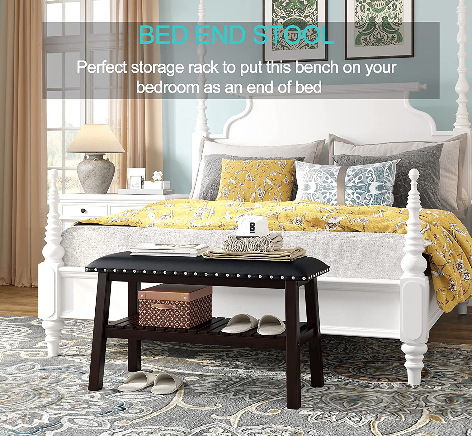 Benches: Faux Leatherette Ottoman Storage Bench with Shoe Rack