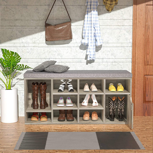 Benches: Grey Wash Entryway Bench with Shoe Storage