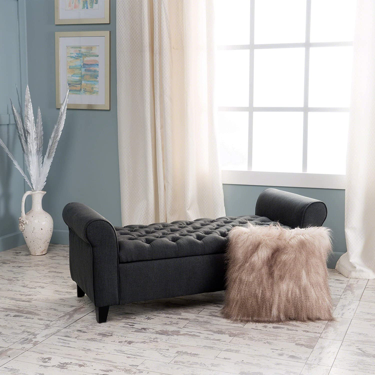 Benches: Knight Home Keiko Fabric Armed Storage Bench, Dark Grey ...