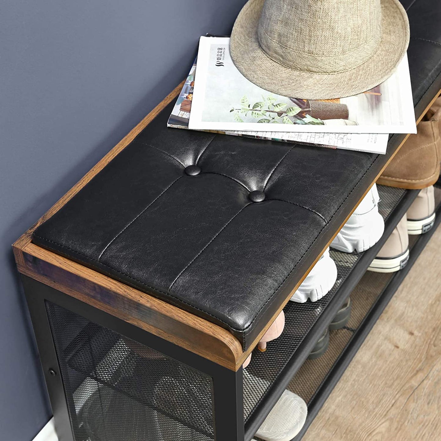Benches: Padded Storage Bench with Mesh Shelf