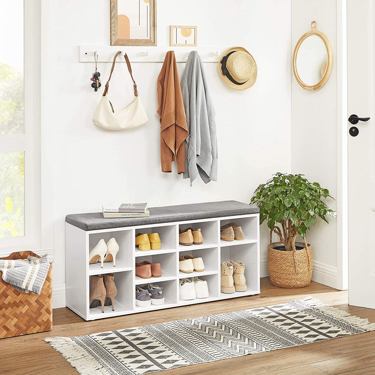 Benches : Shoe Cabinet Storage Bench with Cushion, Adjustable Shelves