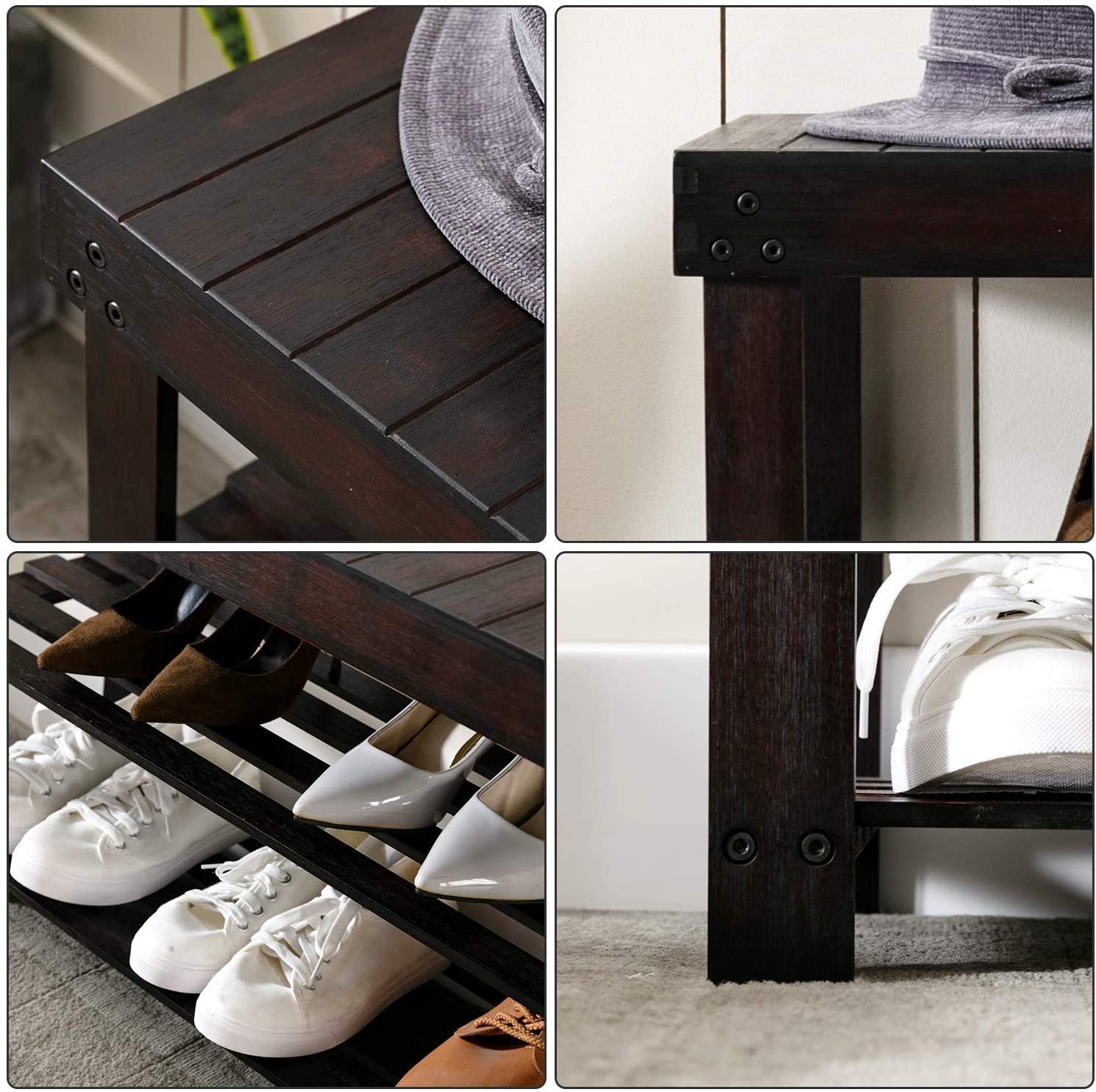 Benches : Shoe Rack Bench with Storage Shelf, 3-Tier Bamboo Shoe Organizer