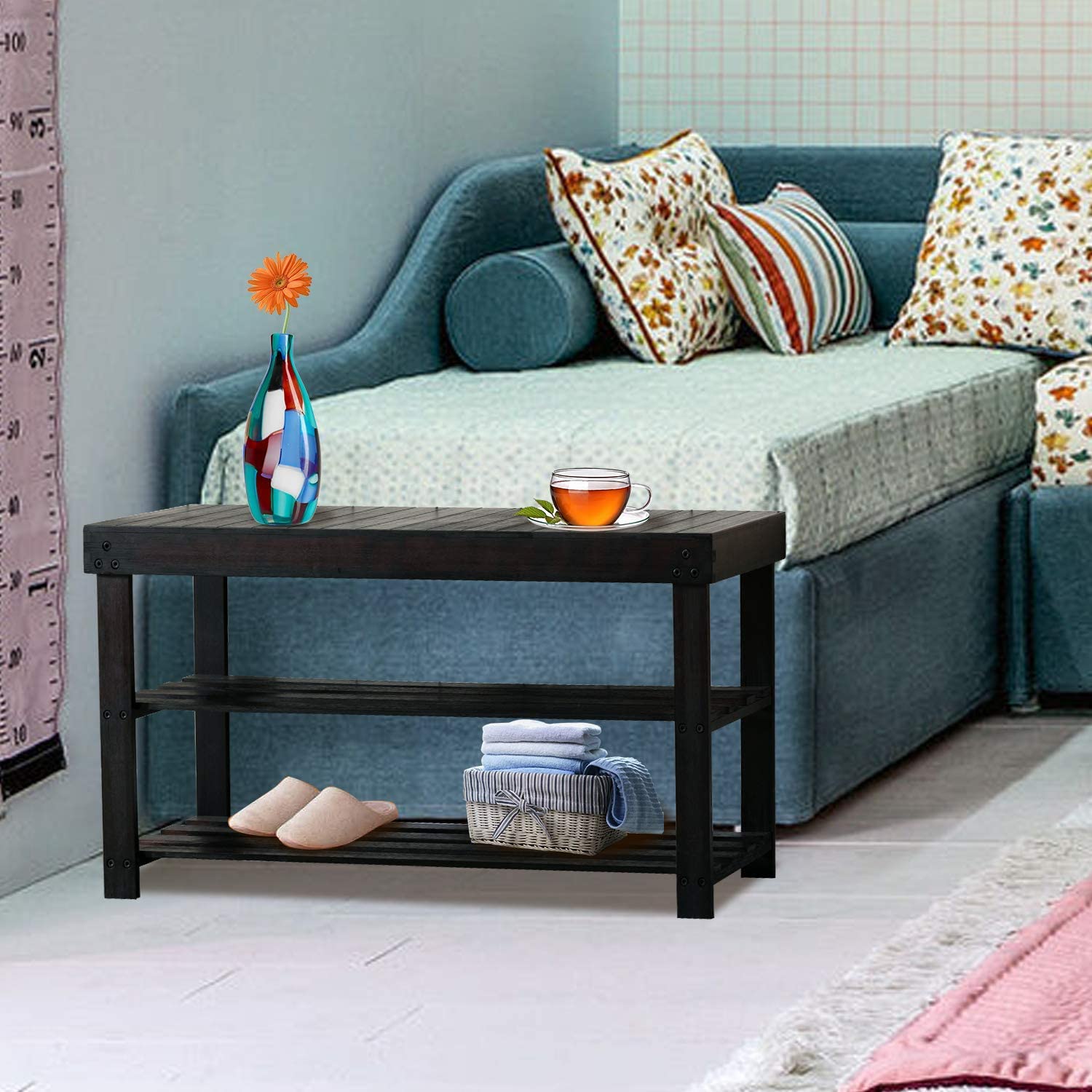 Benches : Shoe Rack Bench with Storage Shelf, 3-Tier Bamboo Shoe Organizer