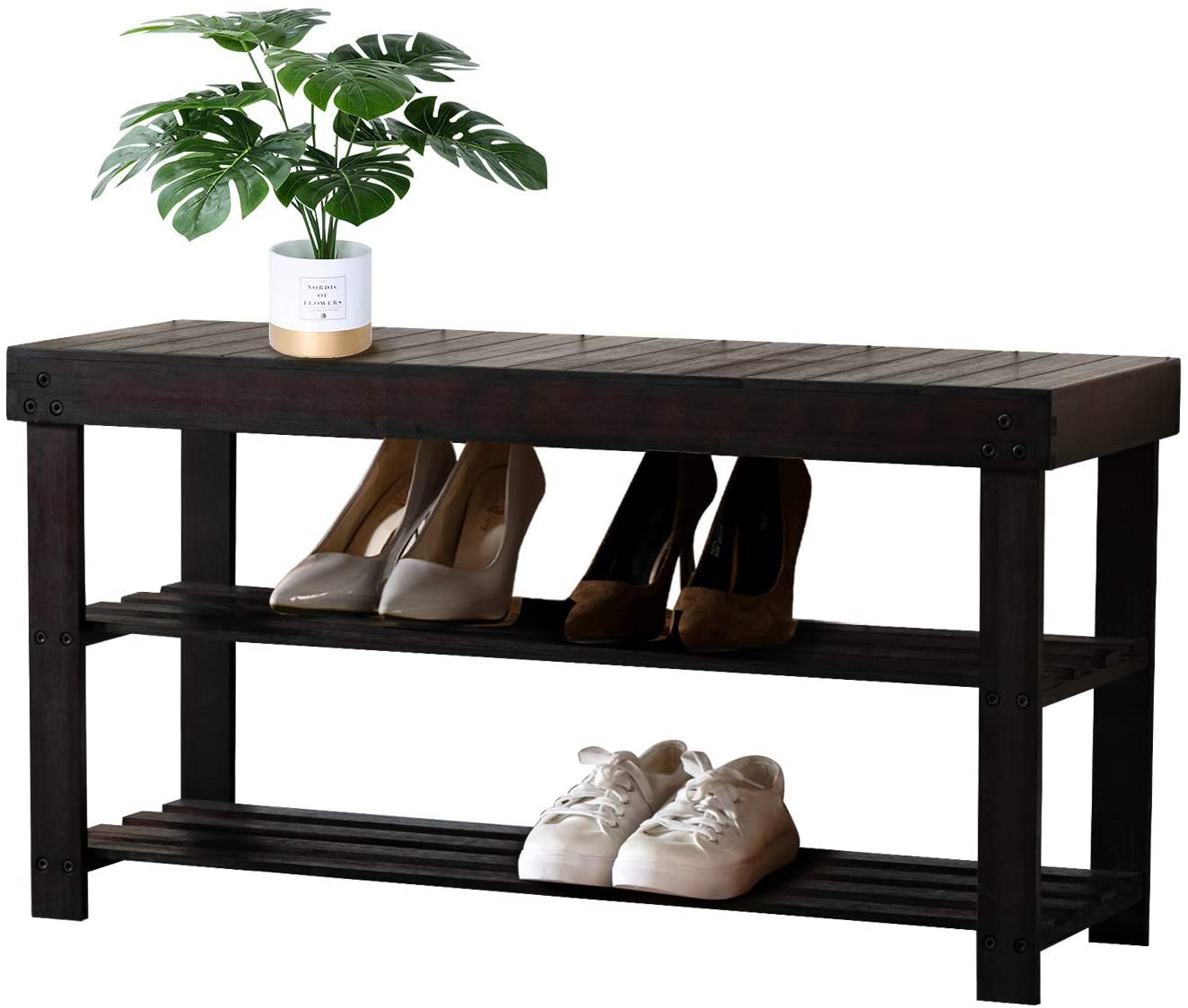 Benches : Shoe Rack Bench with Storage Shelf, 3-Tier Bamboo Shoe Organizer