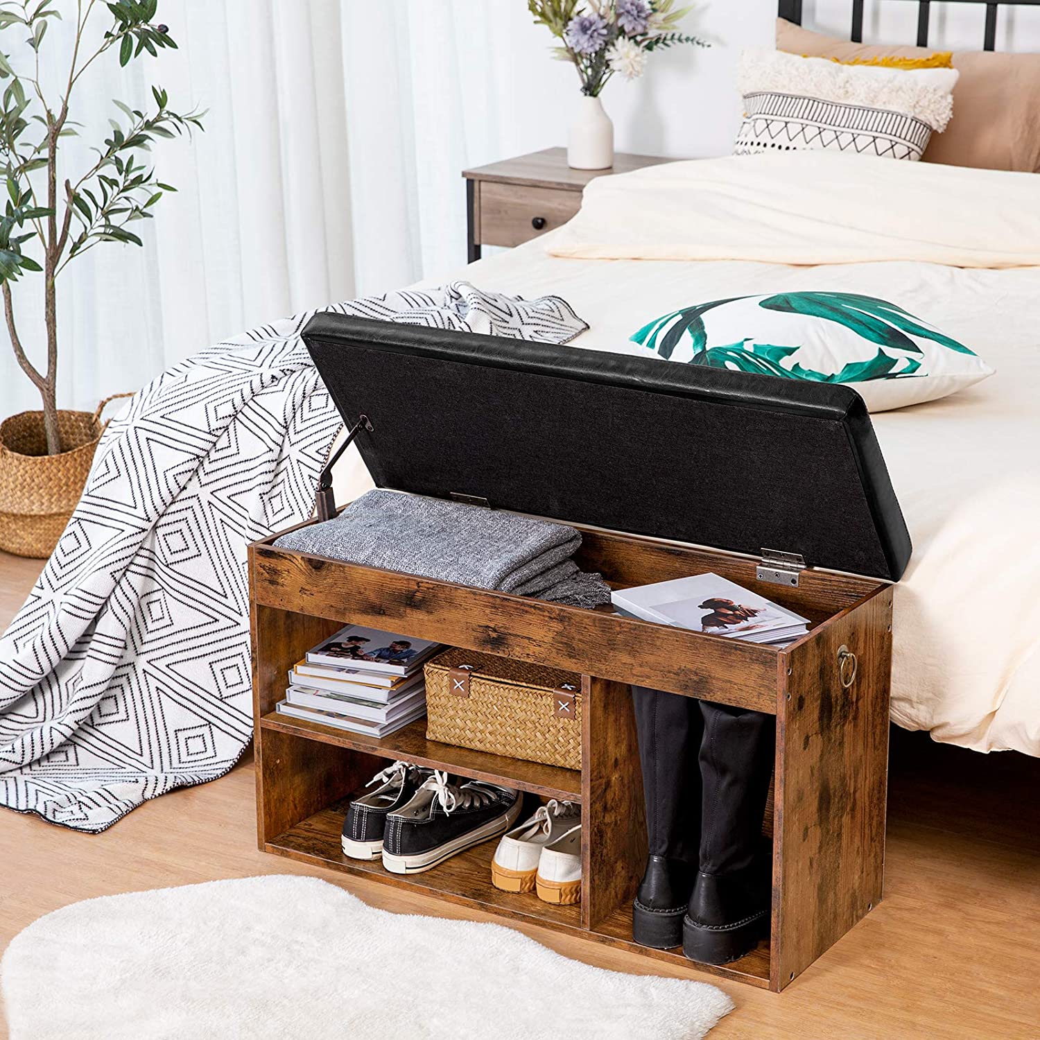 Benches : Storage Bench with Flip-Open Storage Box and Adjustable Shelf