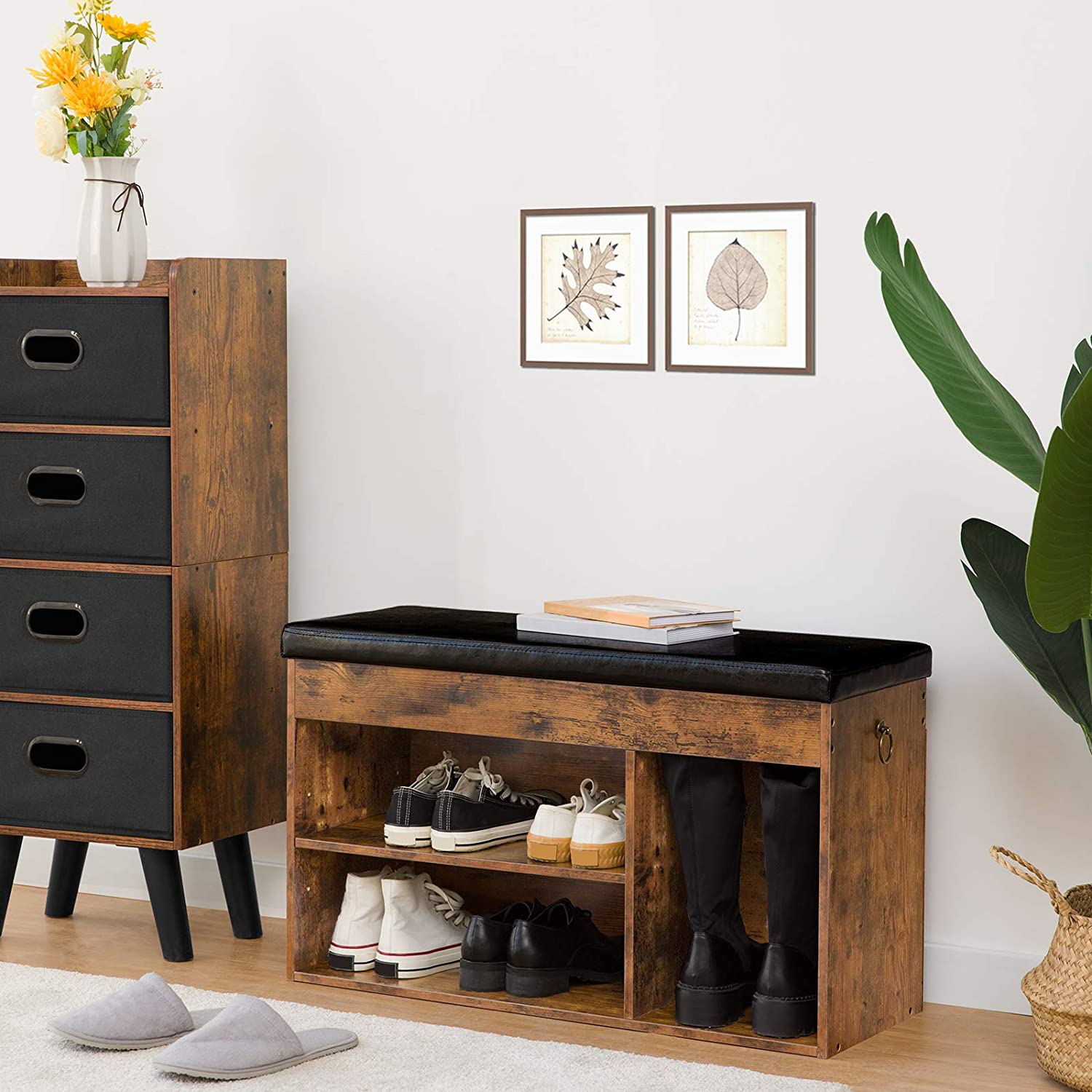 Benches : Storage Bench with Flip-Open Storage Box and Adjustable Shelf